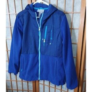 Free Country Womens XL Blue and Teal Fleece Jacket Hooded Full Zip Outdoor Coat